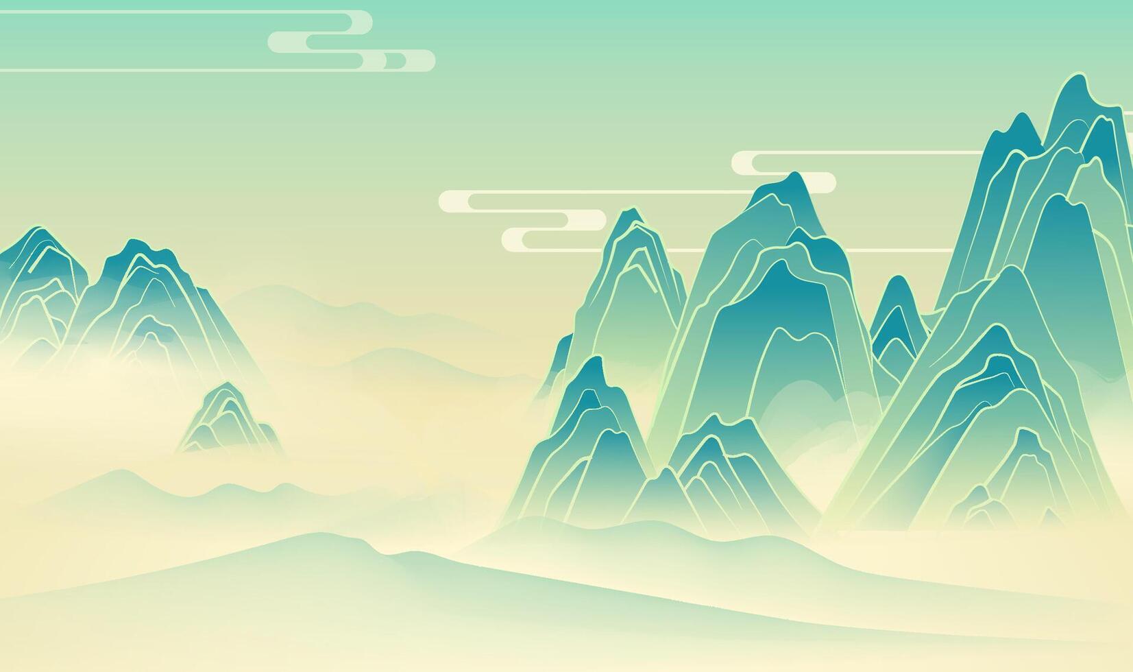 Hand painted Chinese landscape illustration of mountains in mist vector