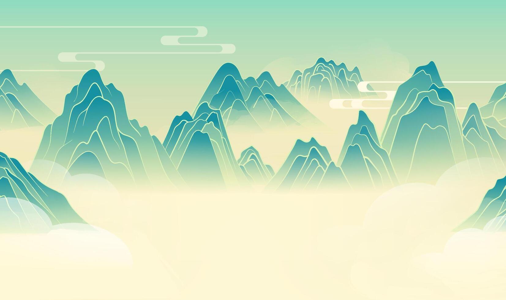 Hand painted Chinese landscape painting mountains and clouds vector