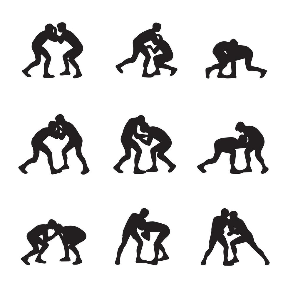 A set of silhouettes of wrestlers wrestling vector