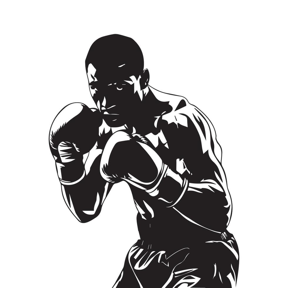The Boxer's Stance A powerful silhouette of a determined boxer in fighting stance ready for the challenge showcasing strength and resilience vector