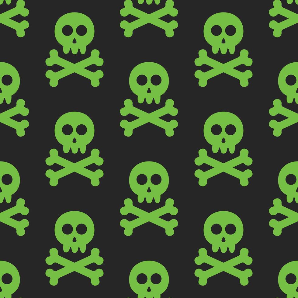 seamless pattern of skull and crossbones in poison green in flat design style on a black background vector