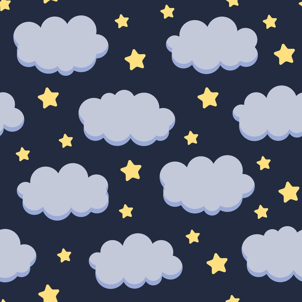 seamless pattern of clouds and stars on blue background of night sky, sleeping child pattern design vector