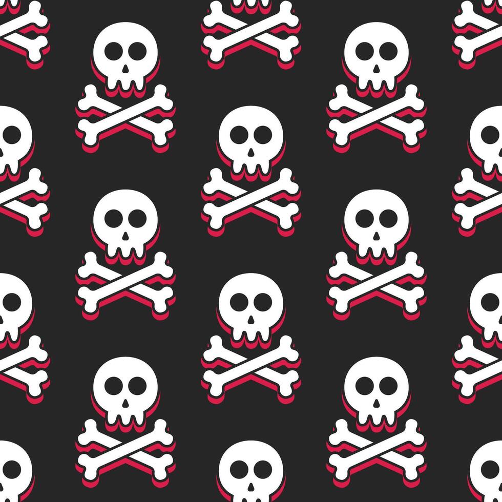 seamless pattern of white skulls and crossbones with black outline and red shadows on a black background vector