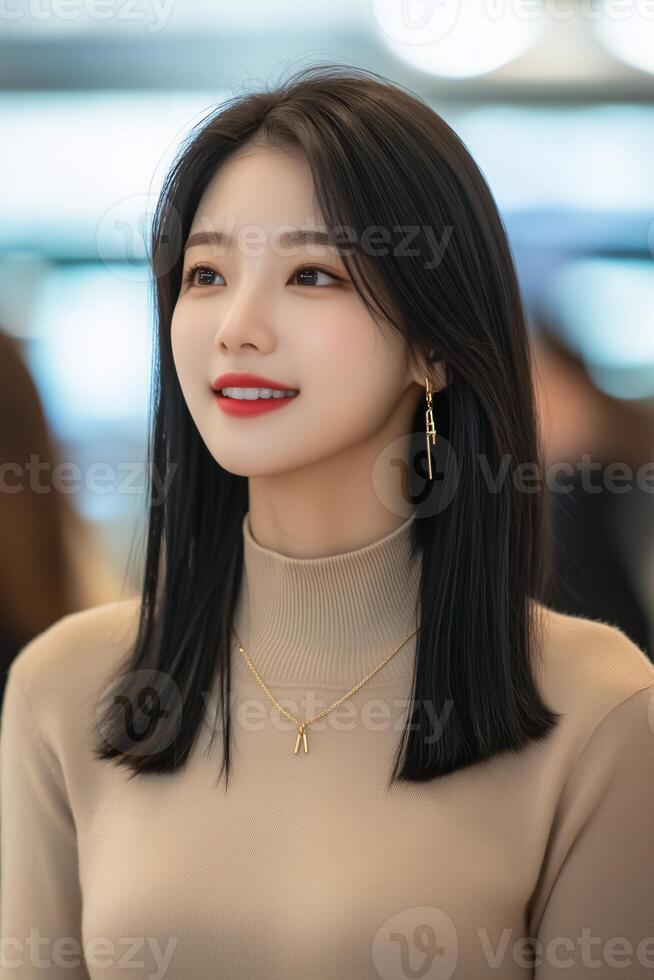 20-year-old female, Korean star-like face, smiling and confident expression in the photo, wearing a beige long-sleeved high-neck top with shoulder-length hair and pin earrings photo