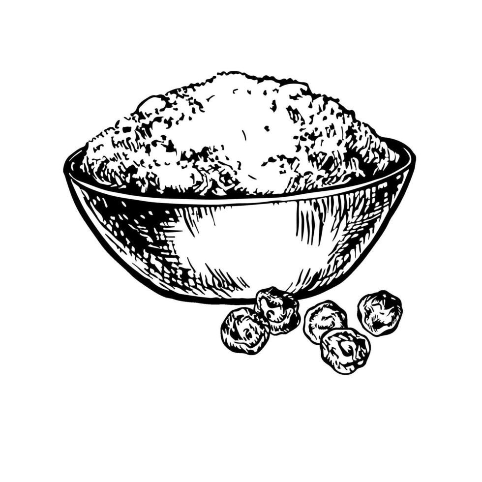 Ground pepper. graphics with the image of fragrant spices. Ground pepper in a cup. A black and white hand-drawn illustration. On a white background. Great for cooking recipes, menus or labels. vector
