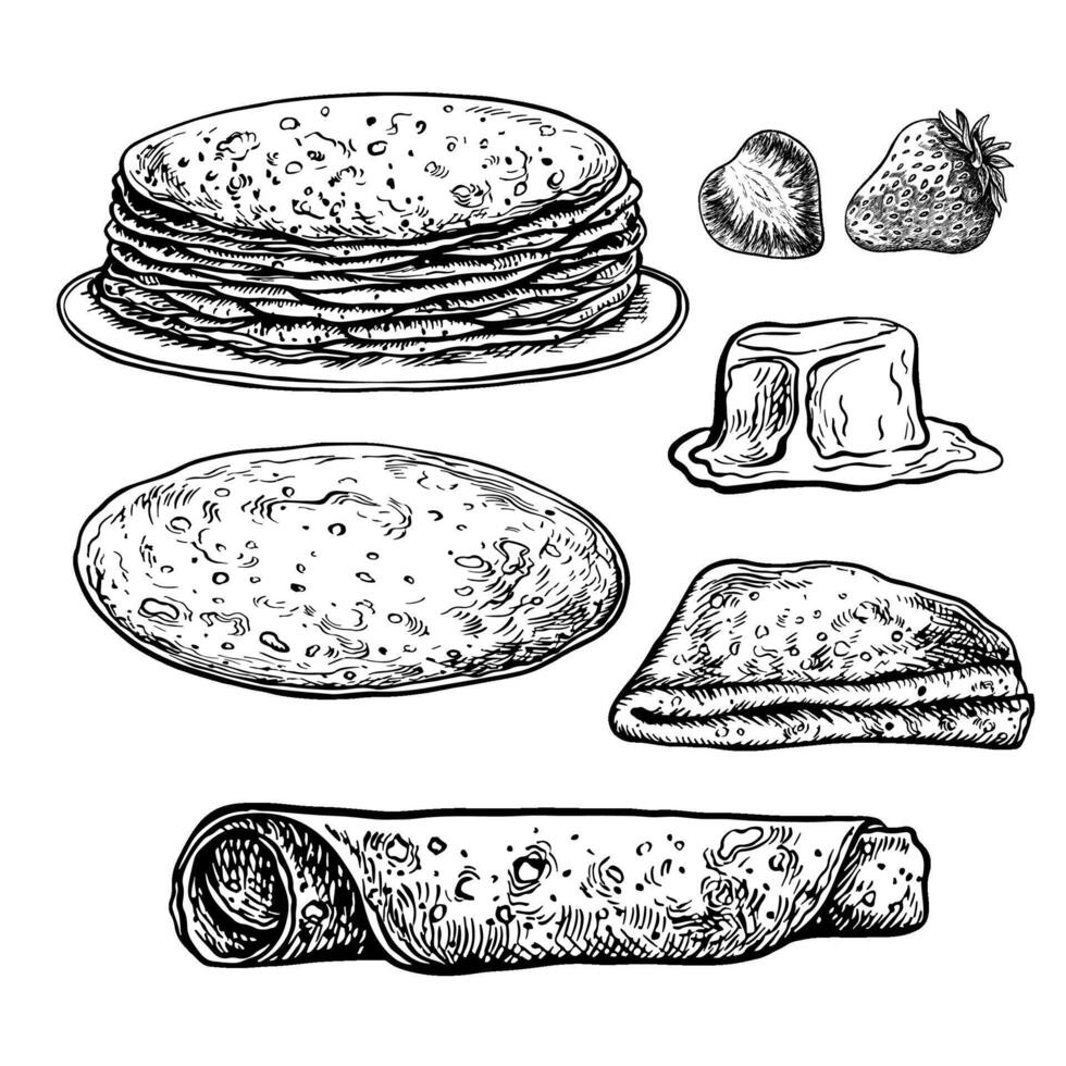 Clip art with pancakes. graphic set of drawings with pancakes. Black and white hand-drawn illustration of food. On a white background. For menus, posters, label, for cooking recipe, invitation vector