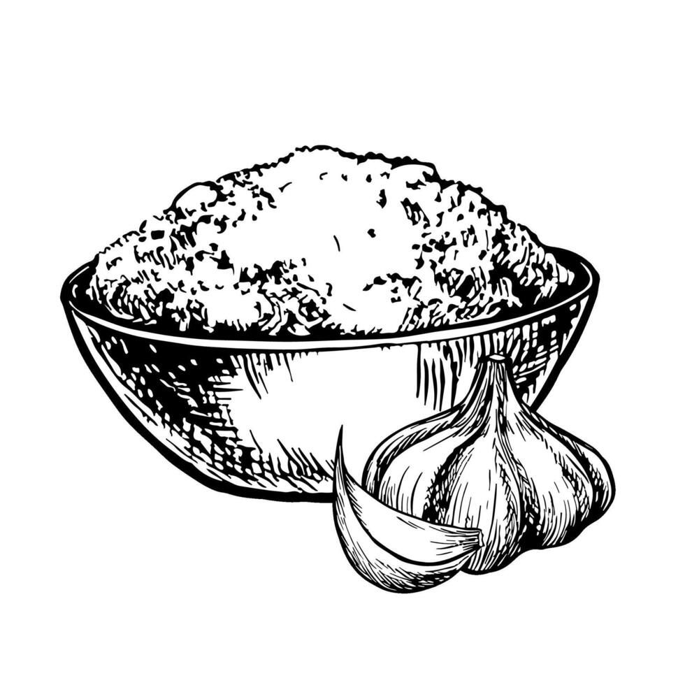 Dried ground garlic in a bowl. graphics with the image of fragrant spices. A black and white hand-drawn illustration. On a white background. Great for cooking recipes, menus, posters or labels. vector