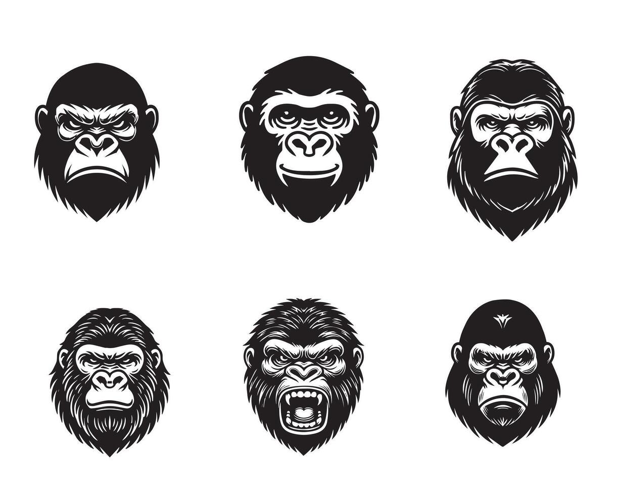 Set of Gorilla Head Silhouette Design - Gorilla face Illustration in black and white vector