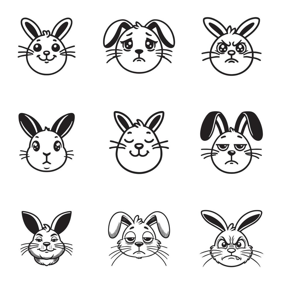 Set of Cute Rabbit Face Outline Design - Baby Bunny Head illustration in black and white vector