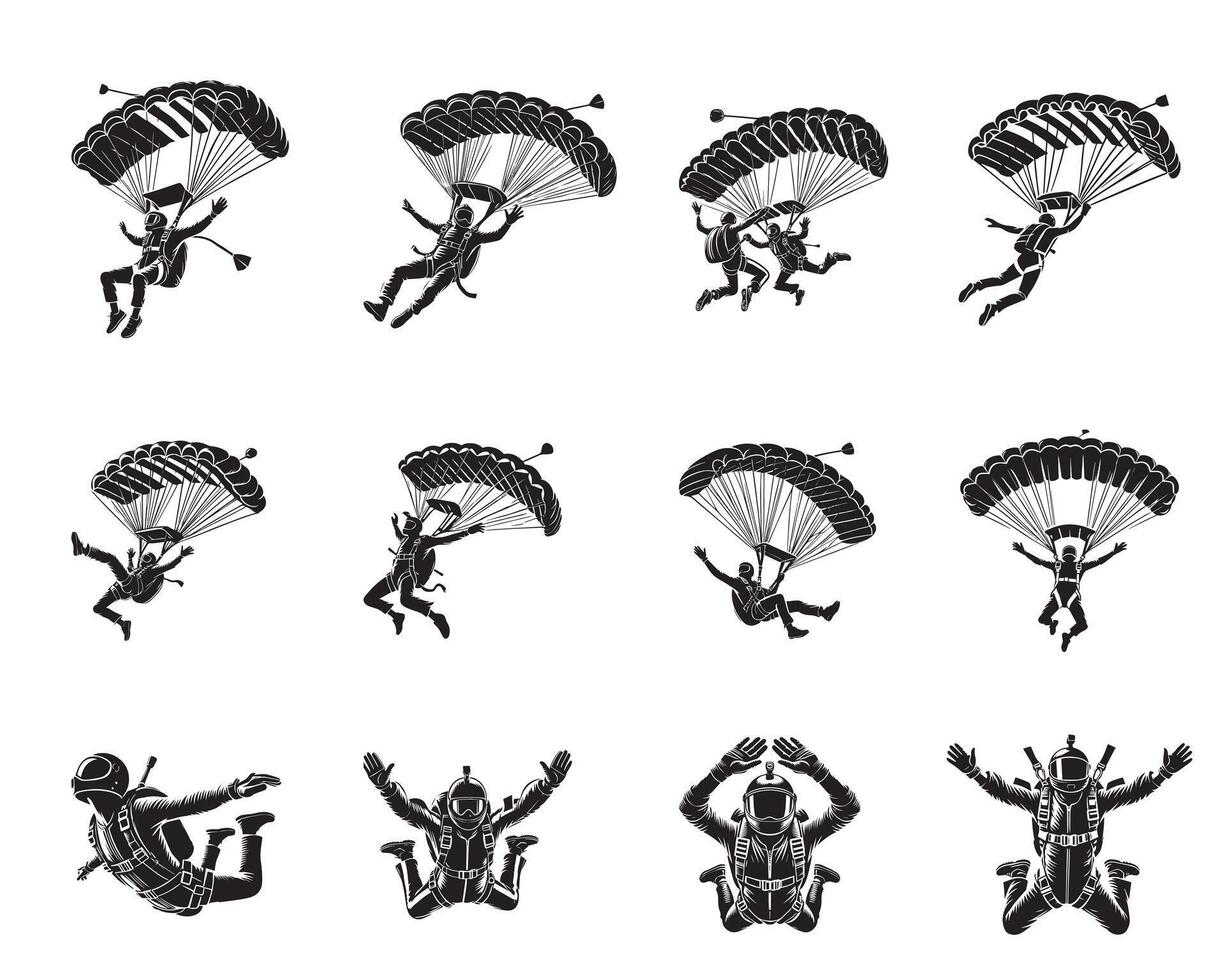 Skydiving Silhouette Design Bundle - Parachuting illustration in black and white vector