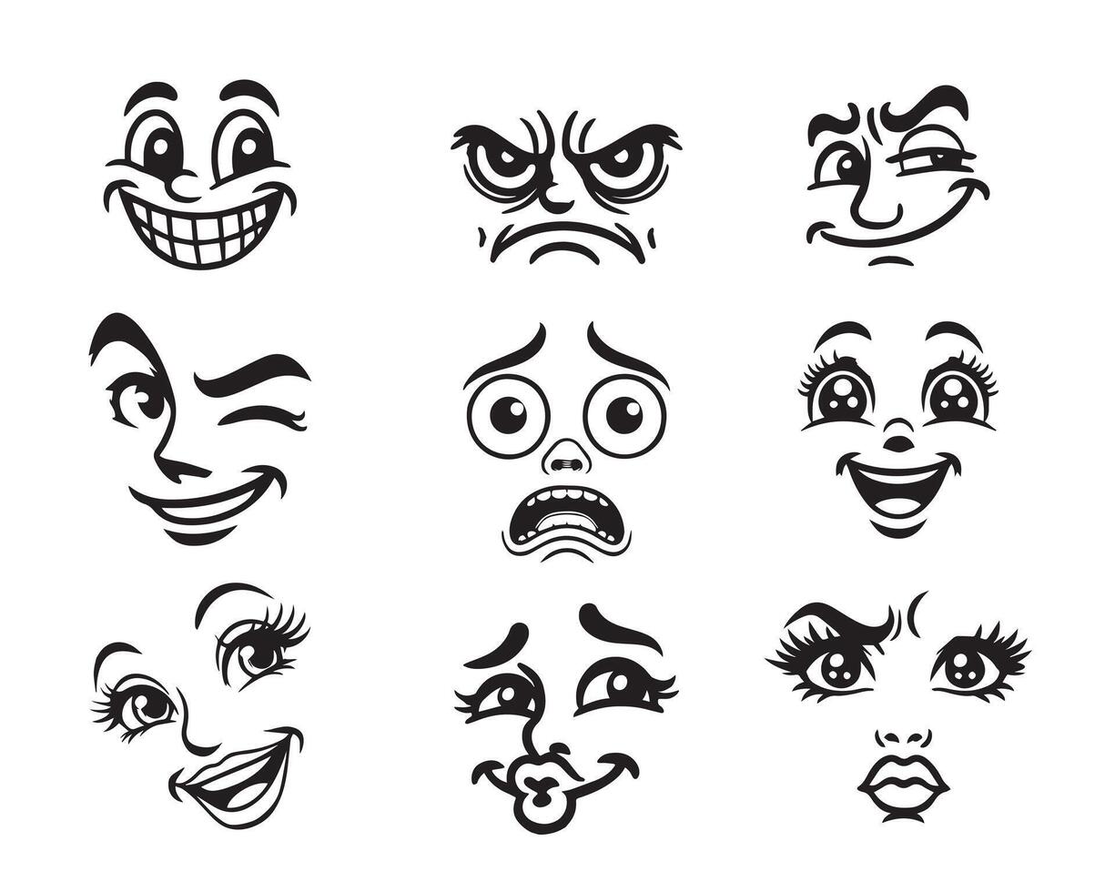 Set of Retro Cartoon Face Clipart Design - Retro Facial Mood illustration vector