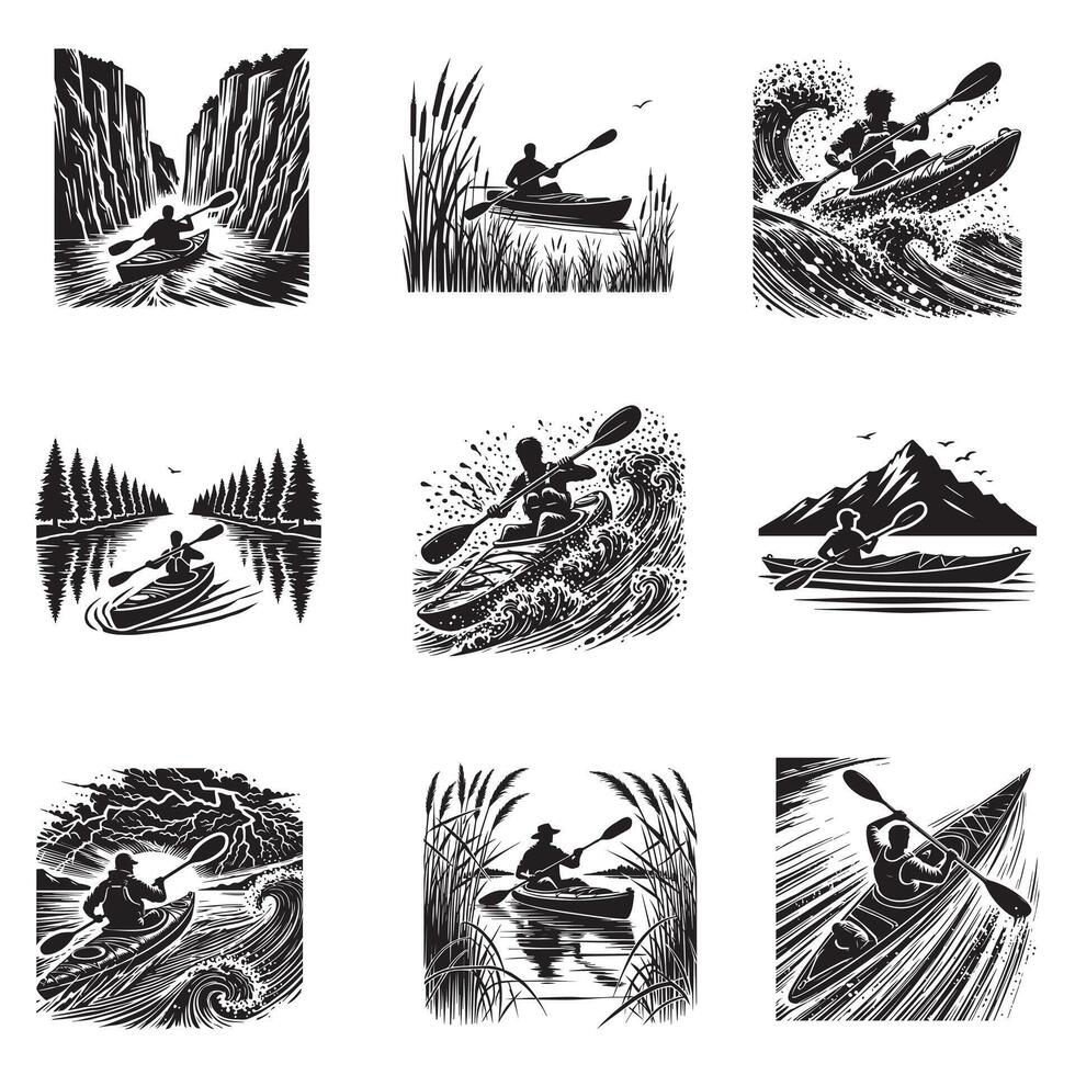 Collection of Kayaking silhouette Design, kayaking Swan River Scene illustration in black and white vector