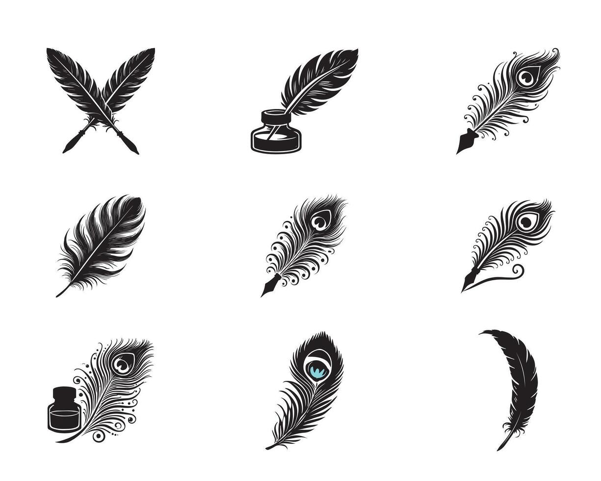 Collection of Feather silhouette Design - Bird Feather illustration in black and white vector