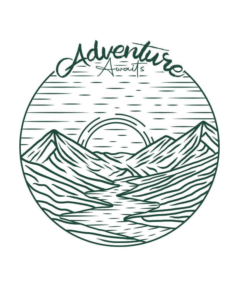 Adventure awaits Vintage line drawing mountain with lake t shirt design vector