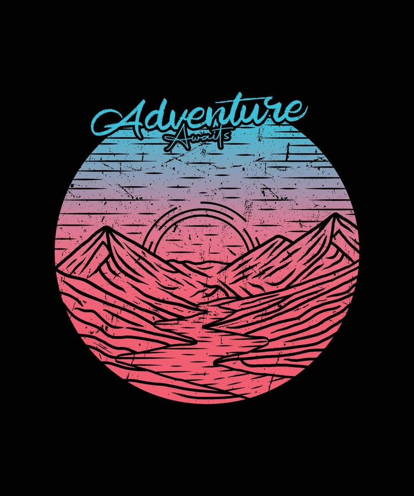 Adventure awaits in the mountains with lake drawing t shirt design vector