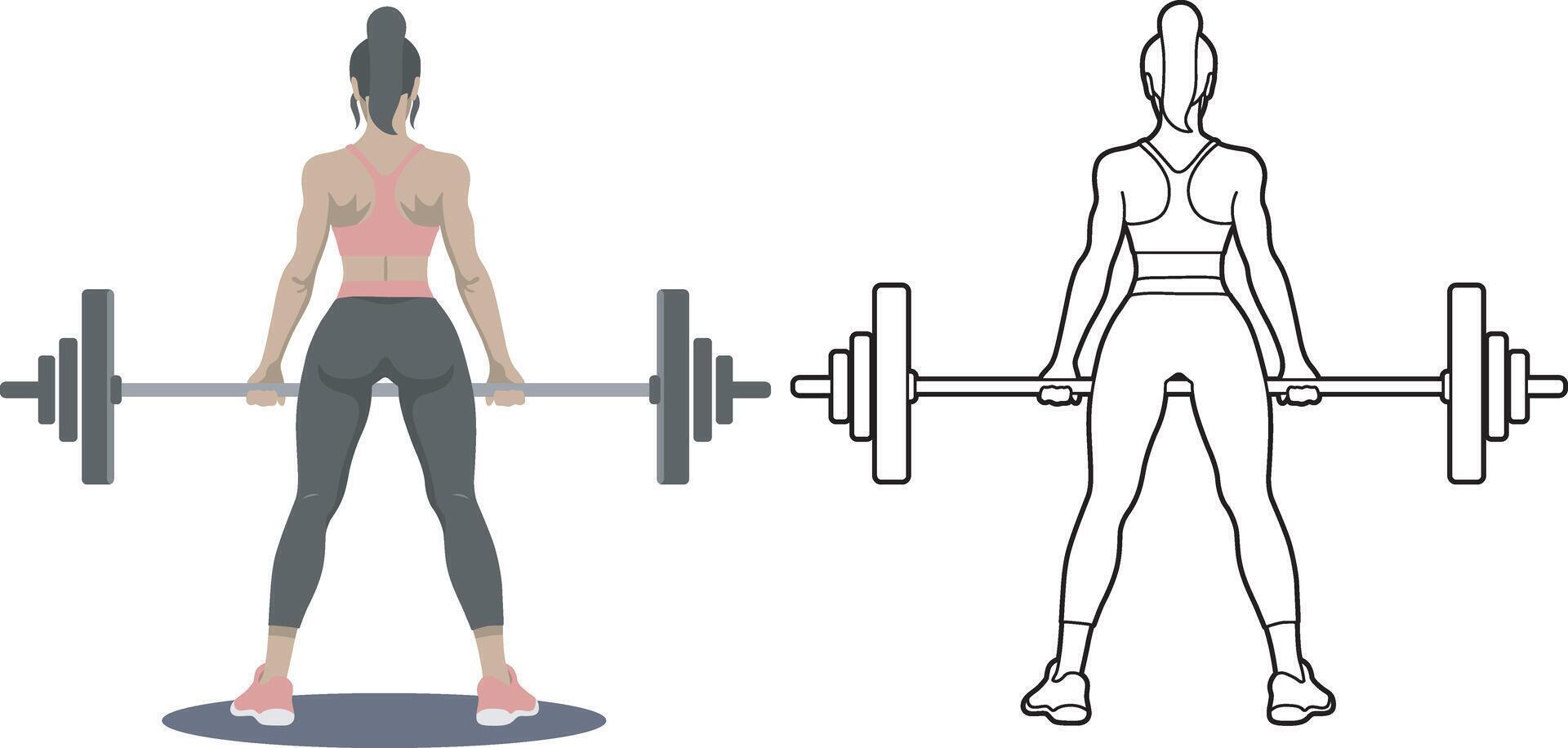 Woman Stand and Workout with Barbell. Back View Illustration. vector