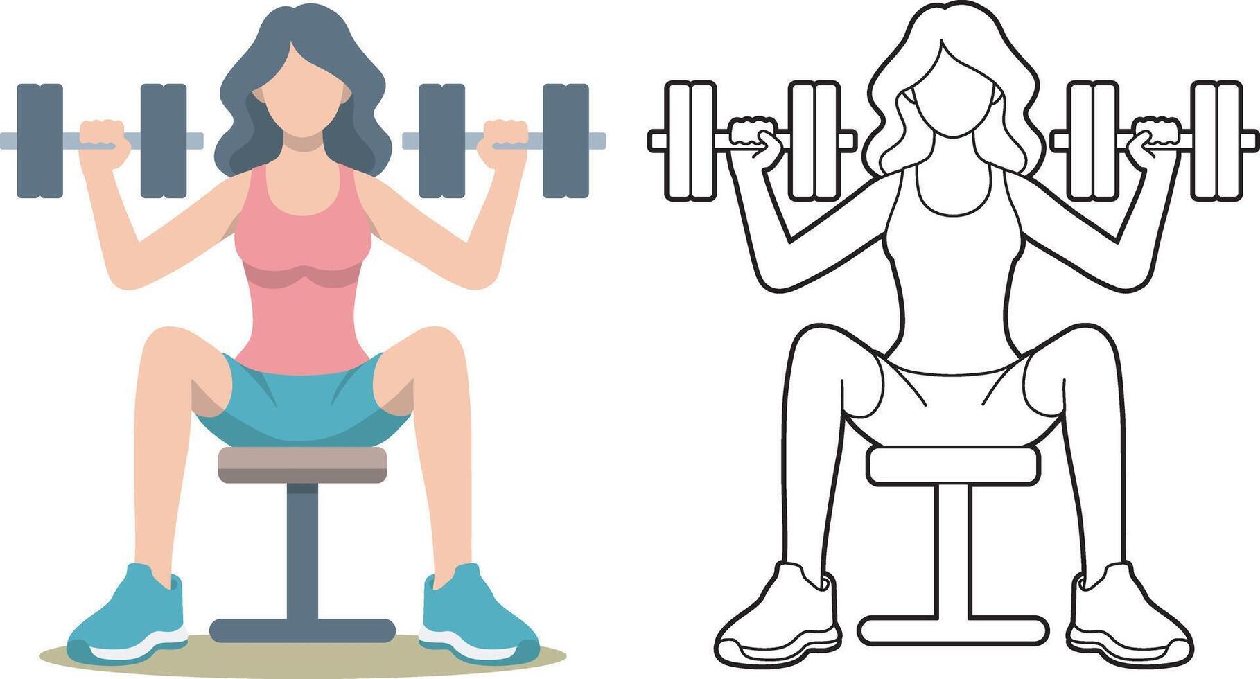 Woman Sit and Do Workouts with Dumbbells. vector