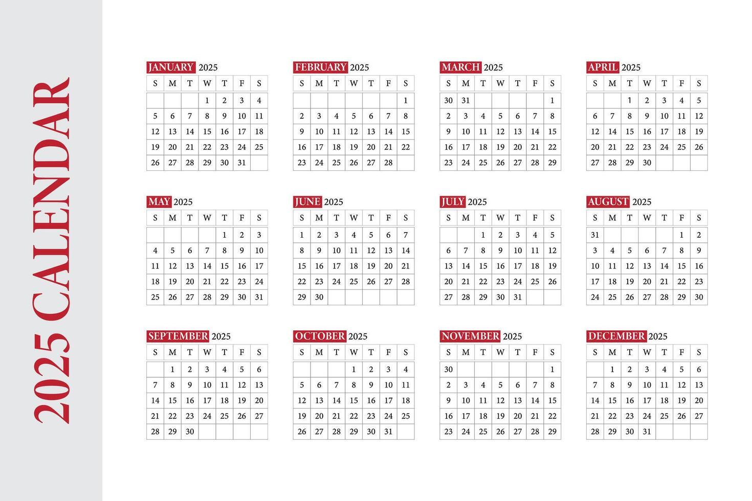 2025, Calendar Set for 2025 year, Minimalist clean square layout, week start Sunday vector