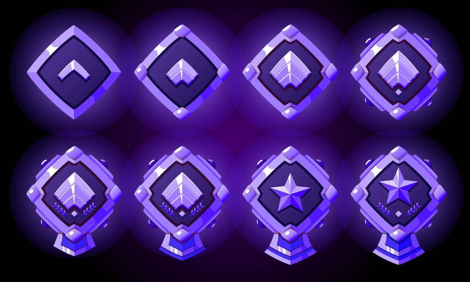 Silvered level rank symbols set. Military badges patent for games. Realistic with stars, gemstones and ribbon. vector