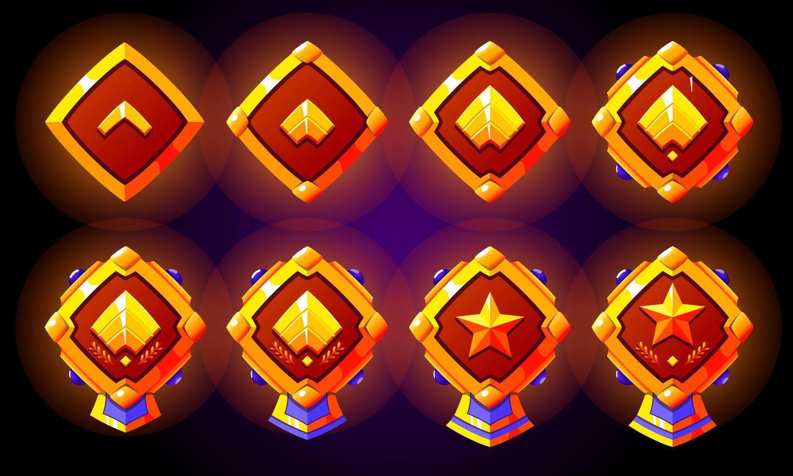 Golden level rank badges set. Military rank patent for games. Realistic with stars, gemstones and ribbon. vector