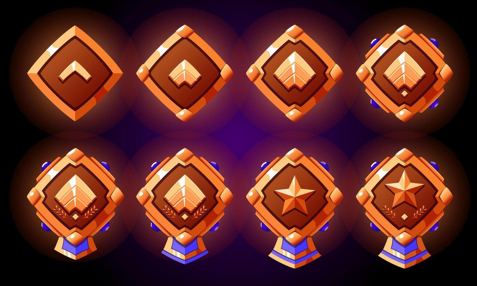 Bronze level rank symbols pack. Realistic with stars and ribbon. Military badges patent for games. Gemstones, ribbon and star. vector