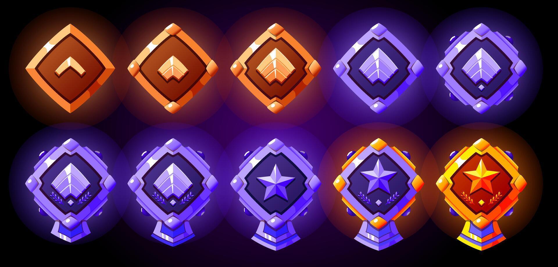 Gold, golden, silver, silvered, bronze level rank badges set. Yellow, blue and red colors. Realistic with stars and ribbon. Military rank patent for games. Perfect for games. vector
