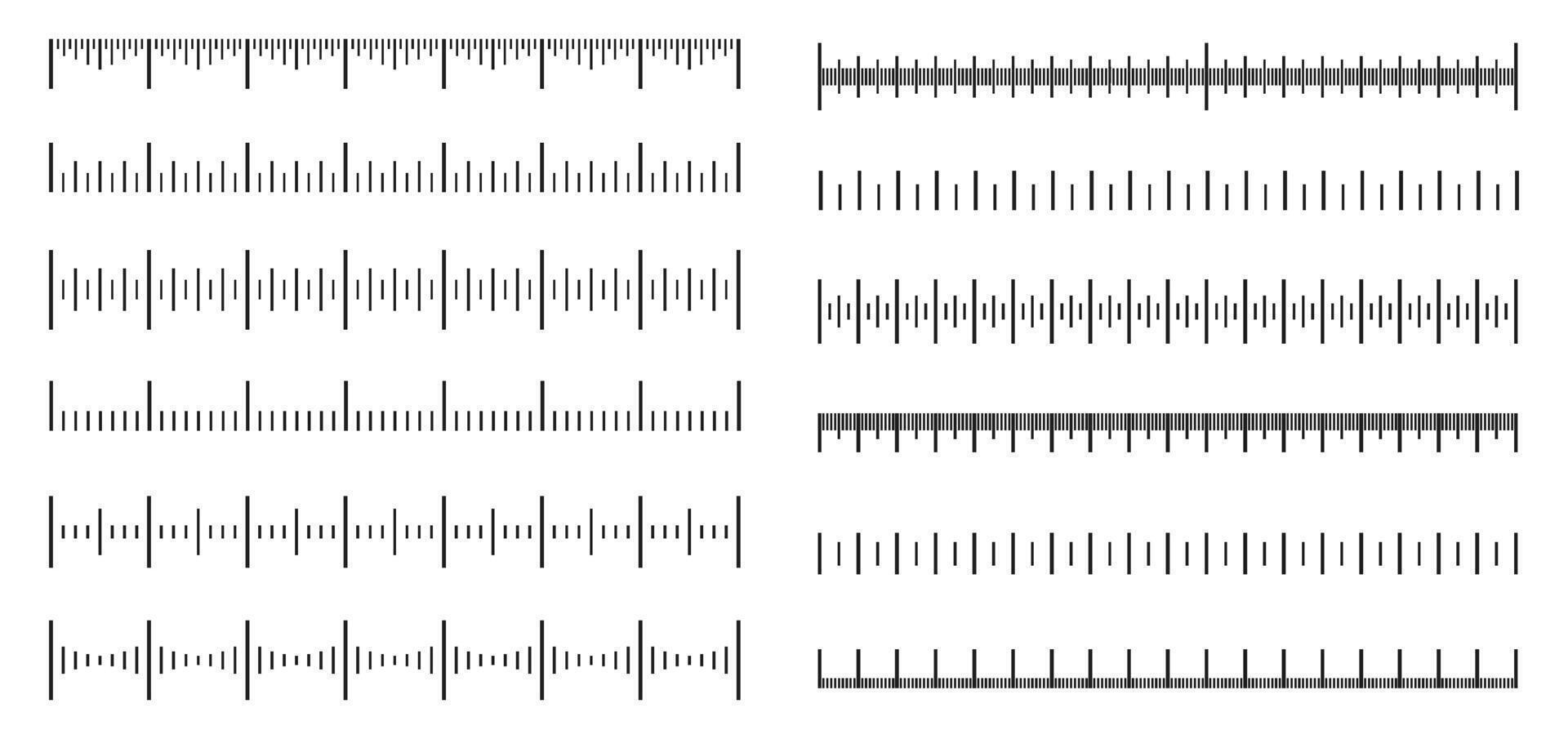 Measuring scales. Ruler scale and measurement lines, precise linear increments and size indicators. Distance markup with divisions horizontal isolated set vector