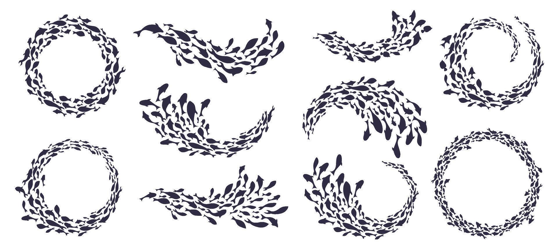 Fish swim in schools silhouette. Shoal of fish or tuna swarm in circular, spiral and wave shape. Marine life circle frame for aquarium, seafood or fishery emblem design. Isolated set vector
