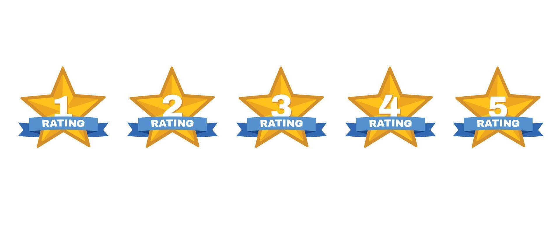 Star rating badge. Five golden star customer satisfaction feedback label stickers with ribbon, quality review and service rate emblem. illustration set vector