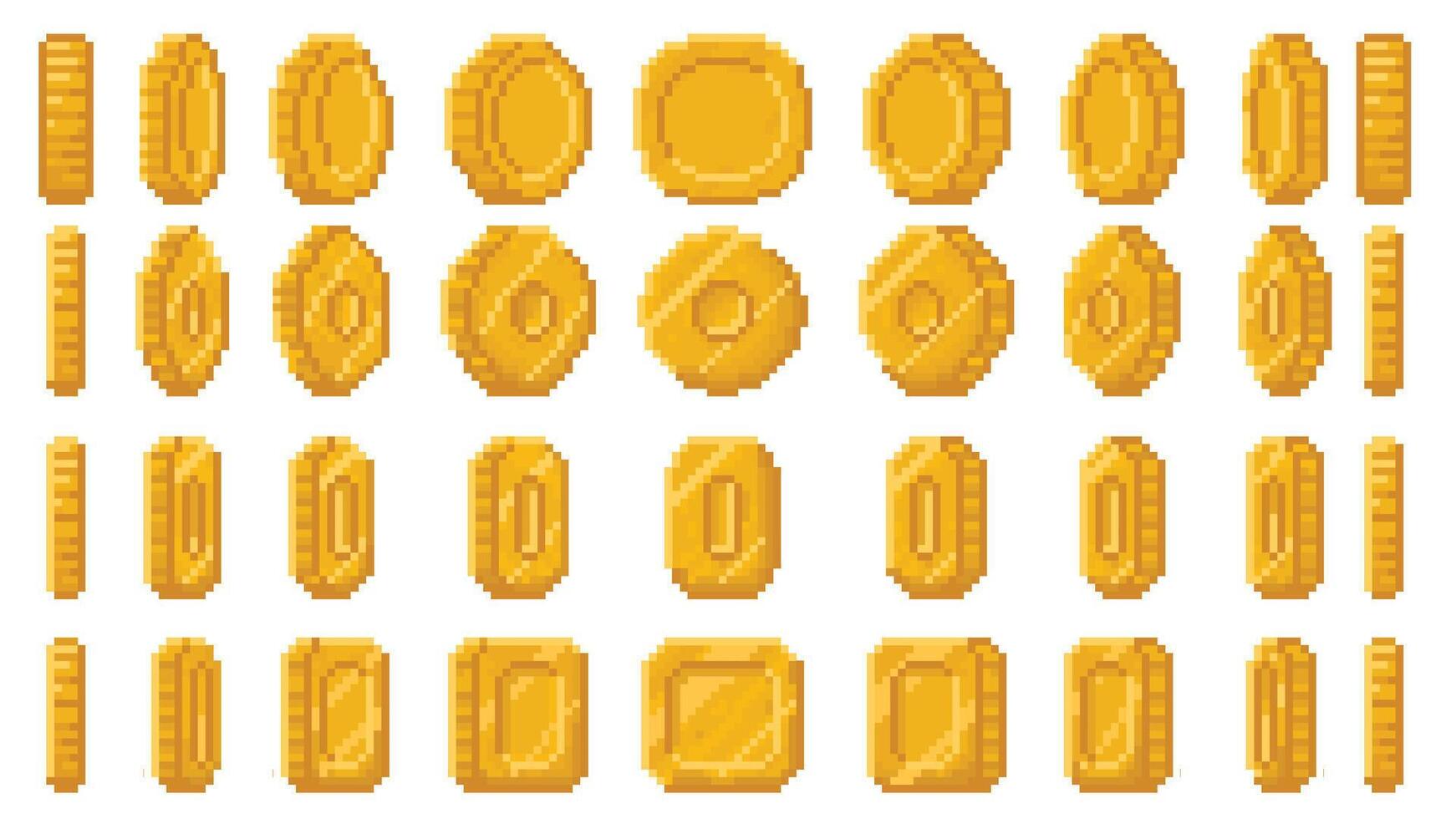 Pixel art coin animation. Spinning money, golden scent circle, oval and rounded square coins 360 angles animated loop for pixelated 8bit arcade retro games set vector