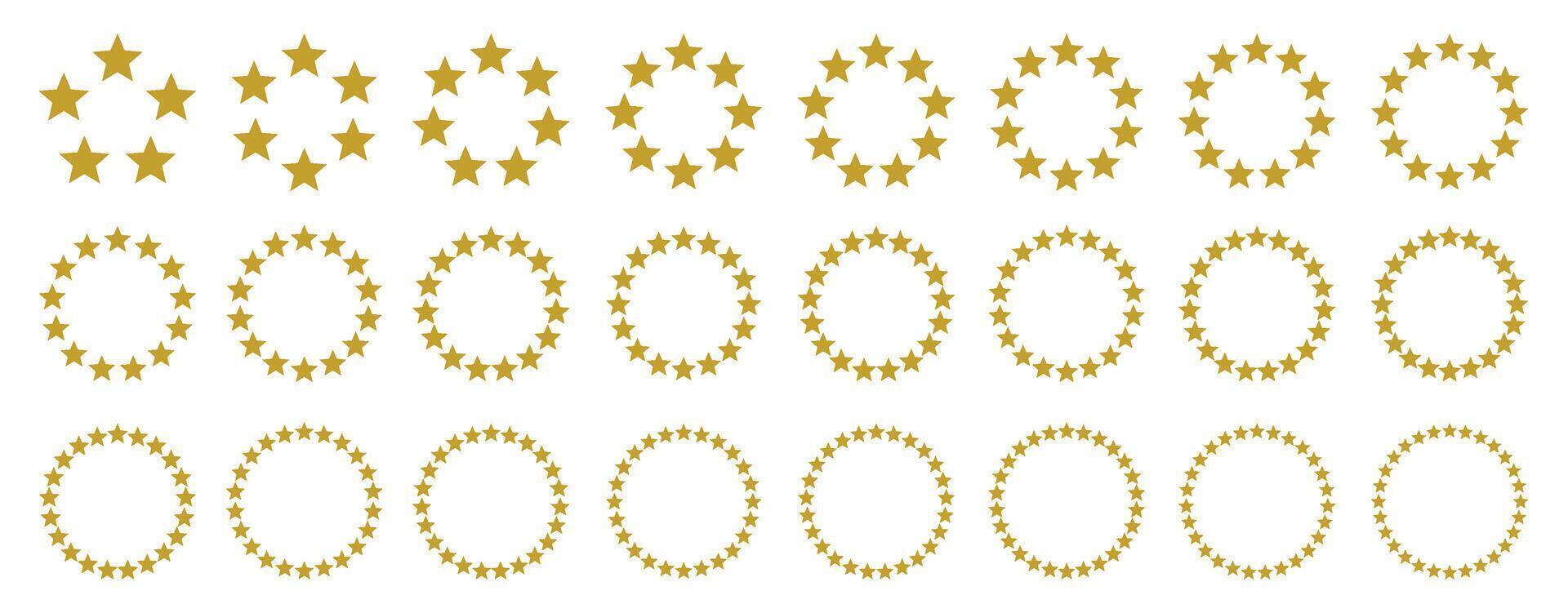 Star circles. Golden starry rings, from 5 to 28 stars arranged in circular patterns for ratings, achievement or warranty certificate badge, award stamp or premium quality label design set vector