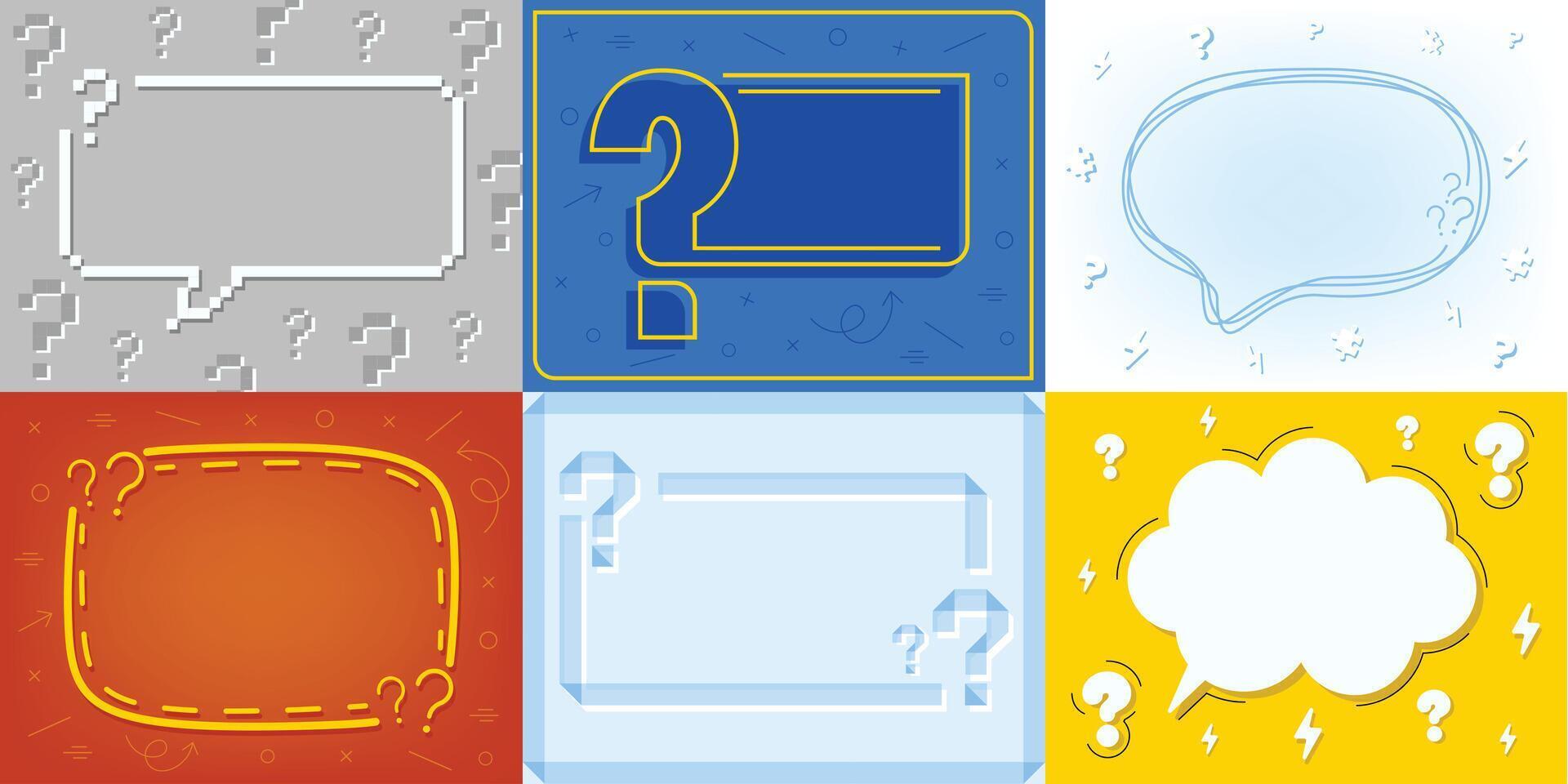 Question frame. Speech bubbles with question marks, quiz game show questions template and FAQ background. Asking banners and presentation slide layouts set vector