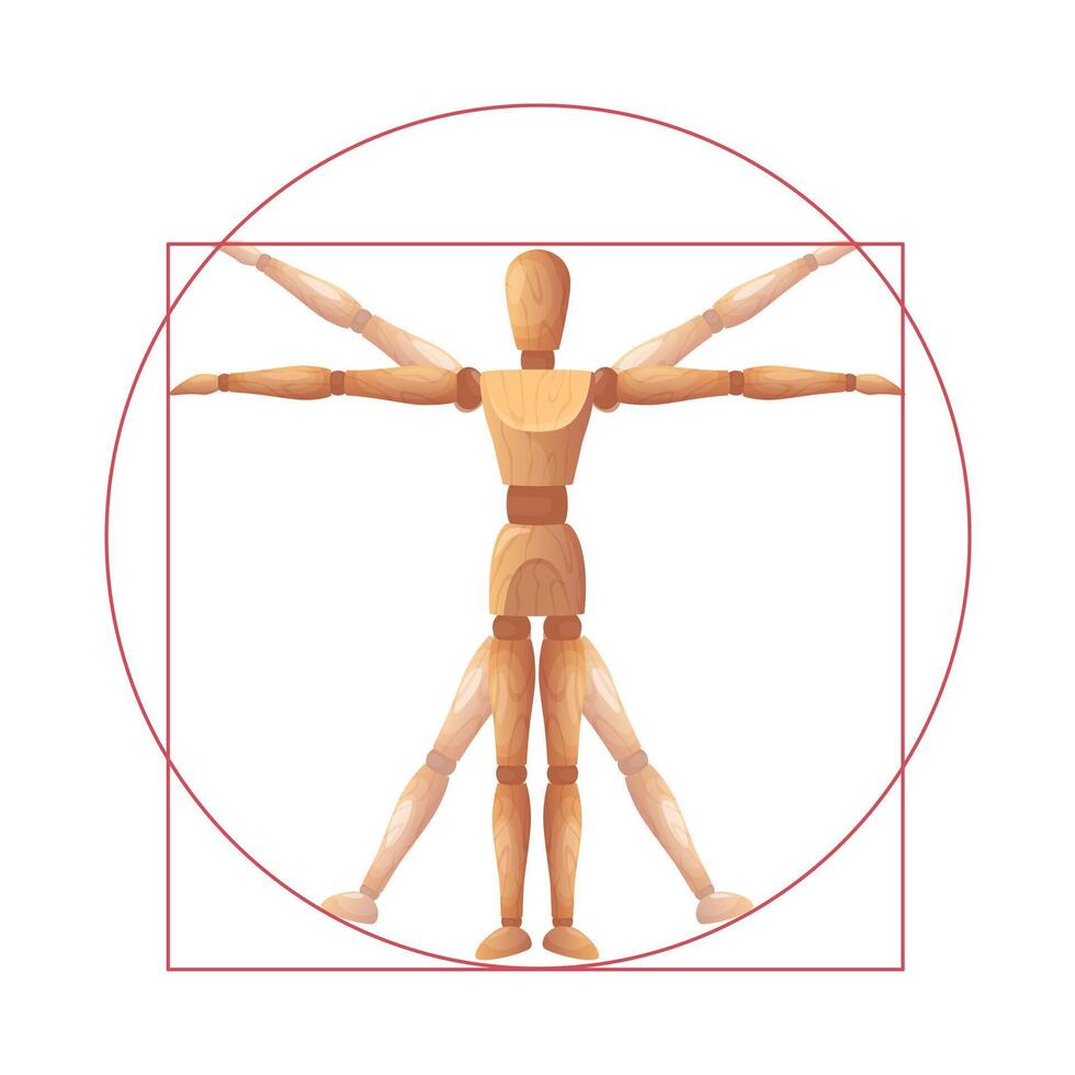 Vitruvian man mannequin. Wooden dummy sculpture in iconic Leonardo da Vinci art pose, human anatomy and body proportion model. Joint figure puppet illustration vector