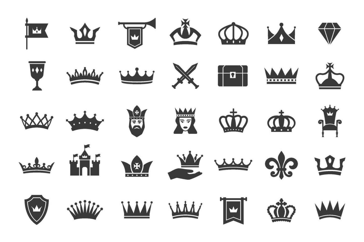 Royal and Regal icons. Crown silhouette, kingdom throne and castle, King coronation and Queen luxury stencil pictograms. Majestic heraldic elements set vector