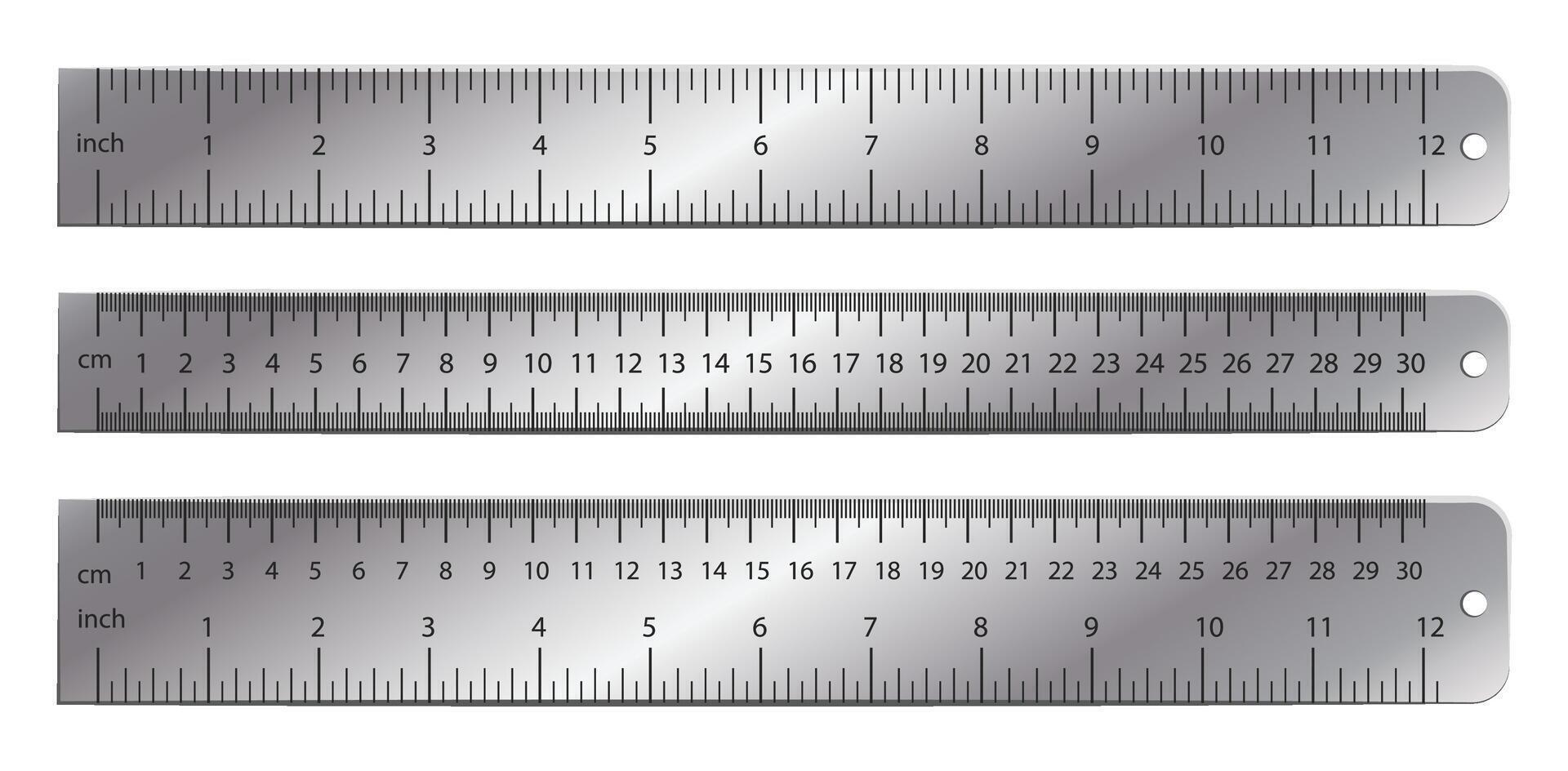 Metal ruler. Dual measurements rulers with precise metric and imperial scales. 12 inches, 30 centimeters and mixed markup scale measurement tool. Realistic metallic meter instrument set vector