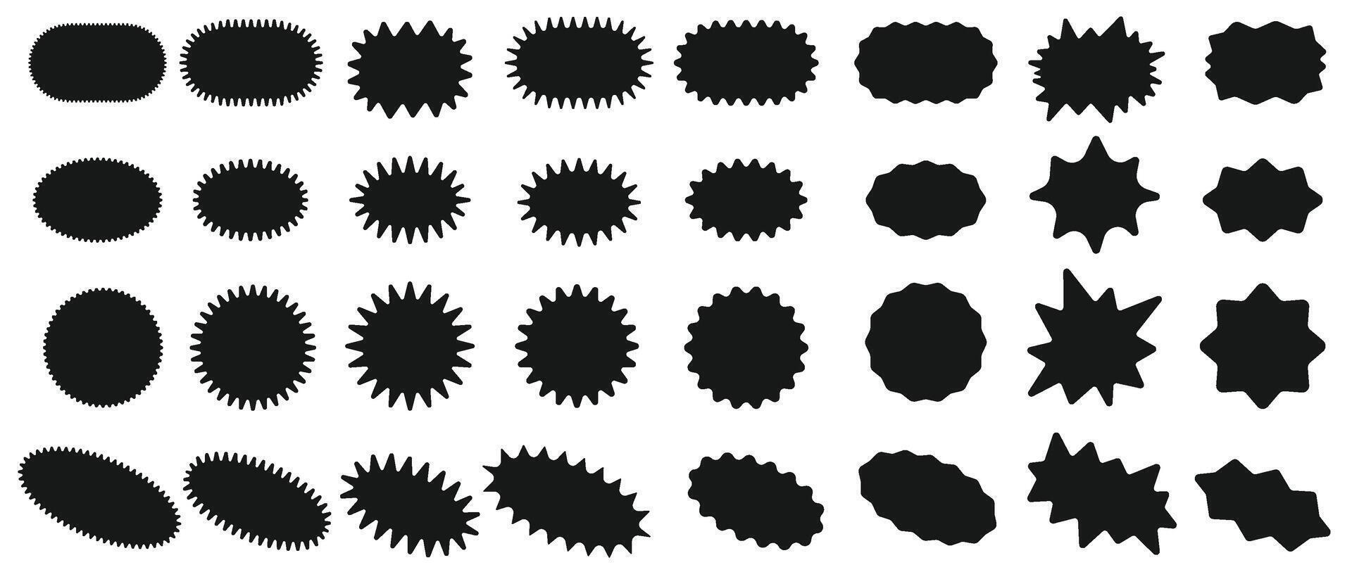 Sunburst sticker shapes. Rounded starburst zigzag badge, spiky oval, circle and star shaped price tag, discount and sale label stickers. Jagged silhouettes set vector