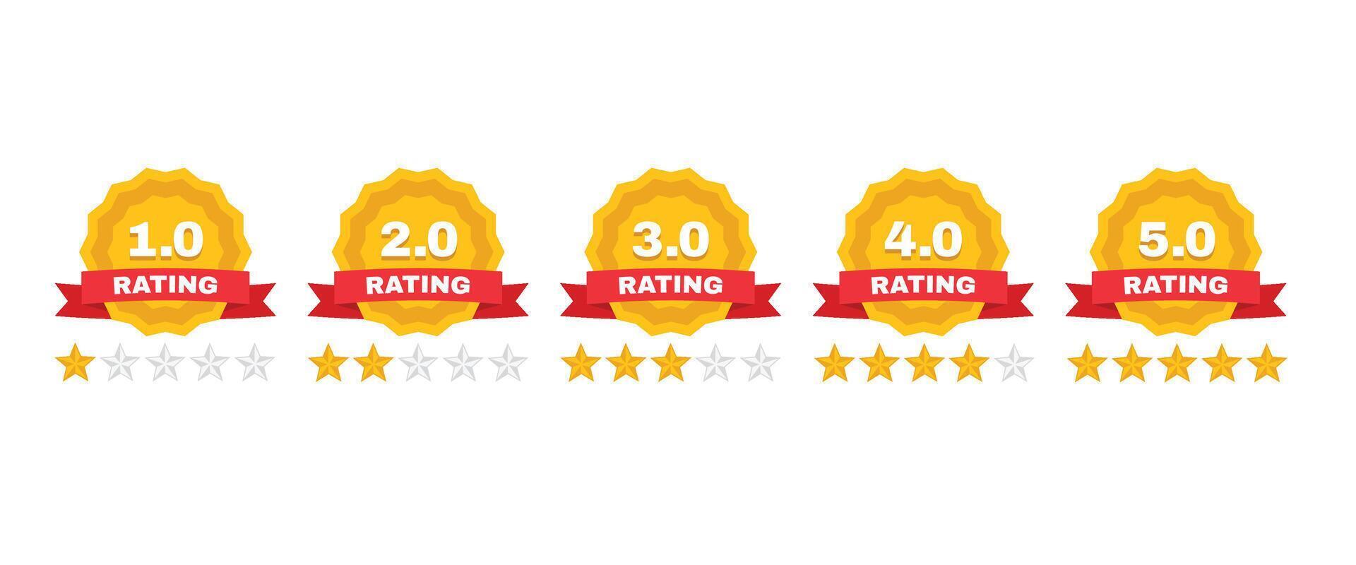Five star rating badge. Quality rate label with ribbon, customer satisfaction levels and feedback stars. Review ratings and product ranking badges set vector