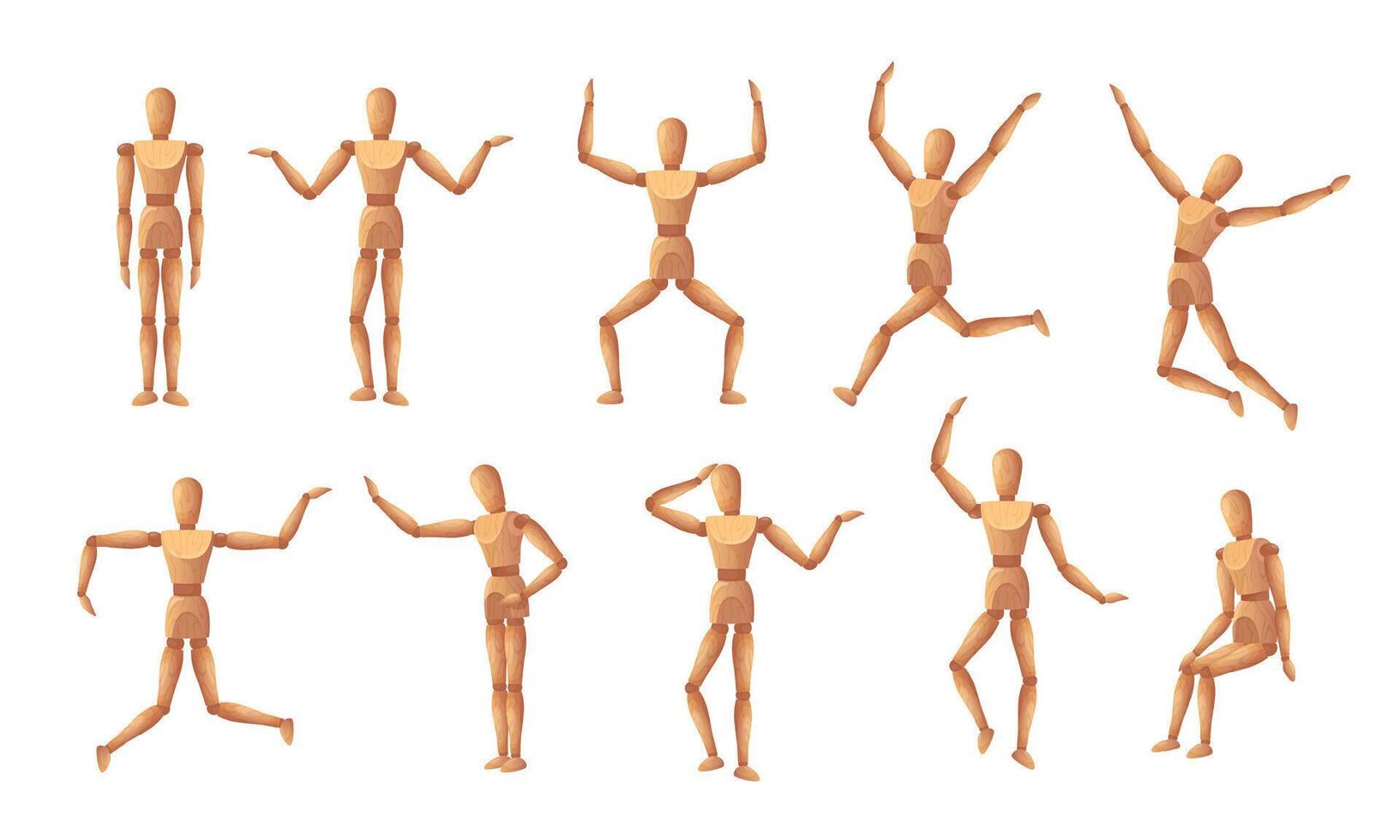 Wooden mannequin. Reference dummy body positions, wood human model statue toy with joint. Art mannequins in various dynamic poses cartoon isolated illustration set vector