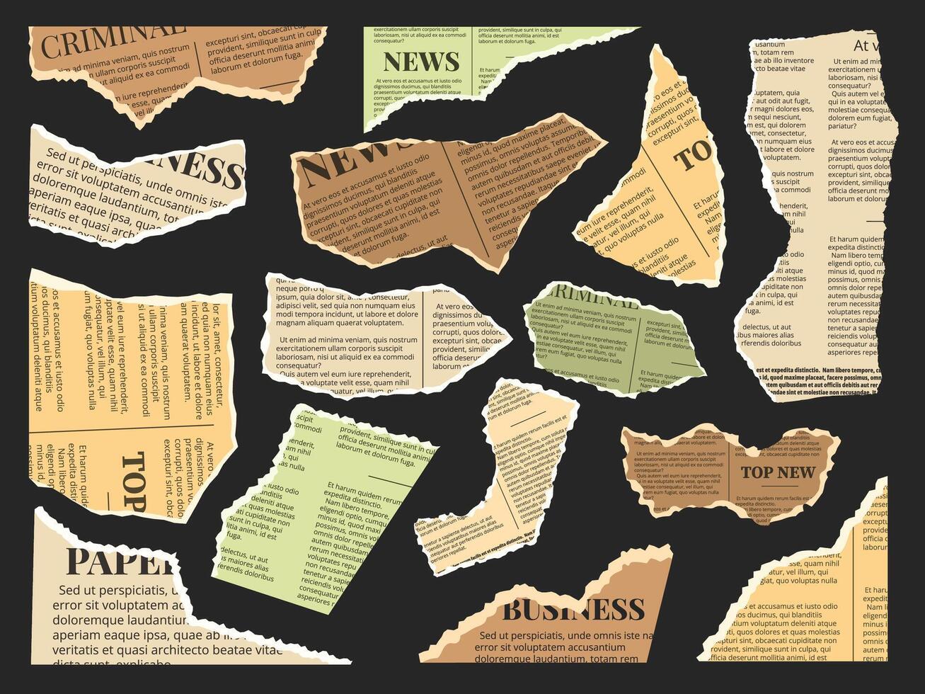 Vintage newspaper scrapbook elements. Ripped old zine pages, torn paper pieces with news articles text snippets. Collage clippings with jagged edges isolated set vector