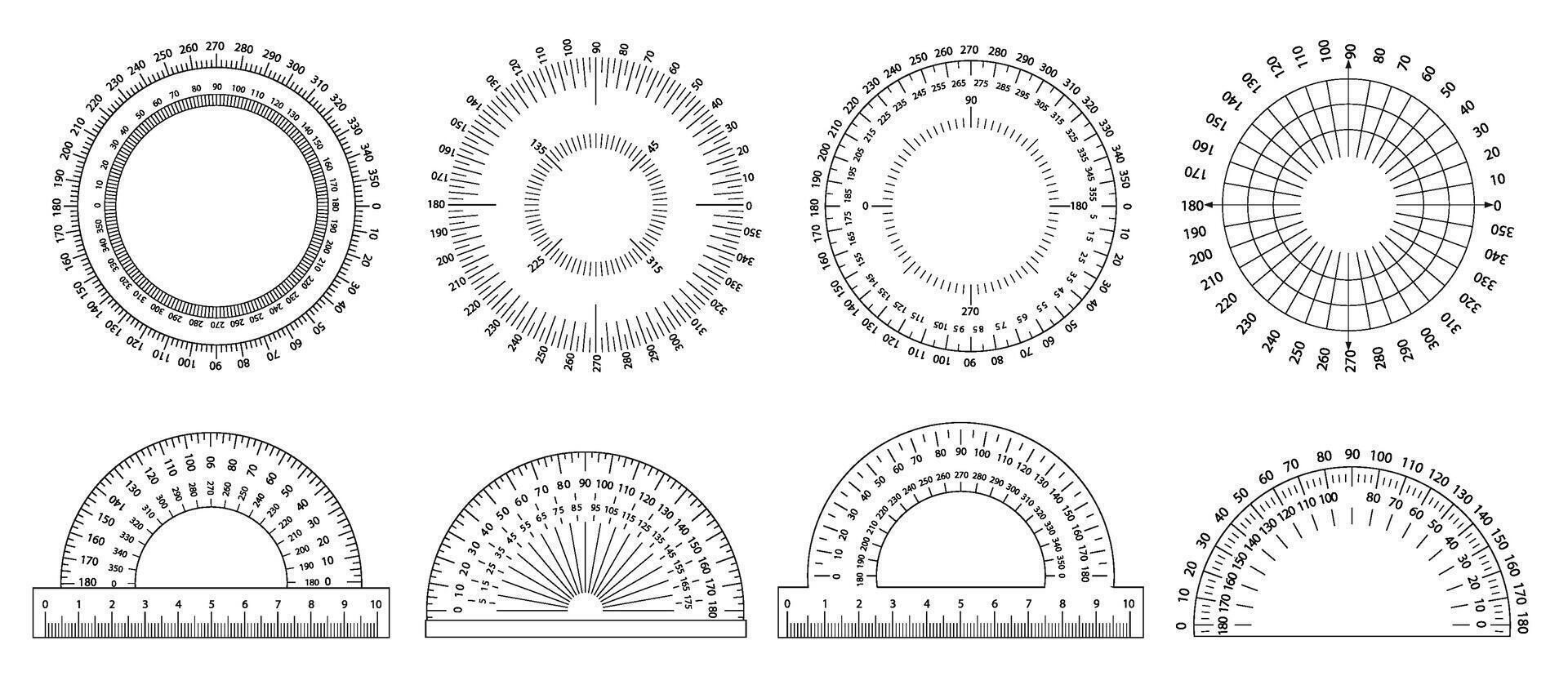 Protractor ruler. Angle measurement tool, circular scale and semicircular protractor with ruler markings. Measuring circle with 360 and 180 degree coordinates set vector