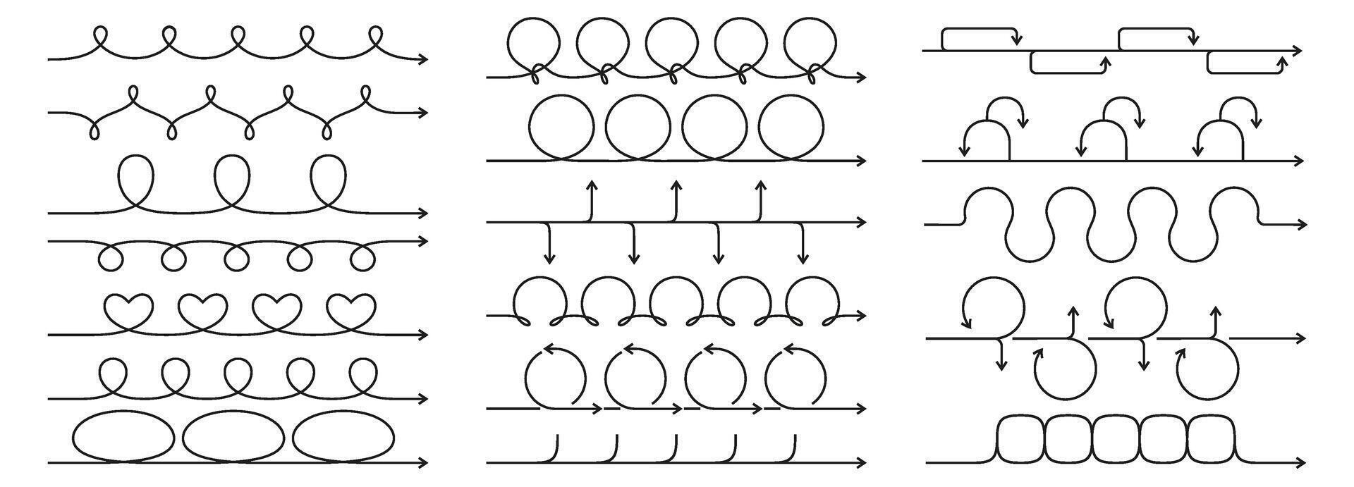 Linear roadmap arrows. Line art timeline chart, looped arrow for process sprints, step by step guide or instruction steps order design. Infographic template elements set vector