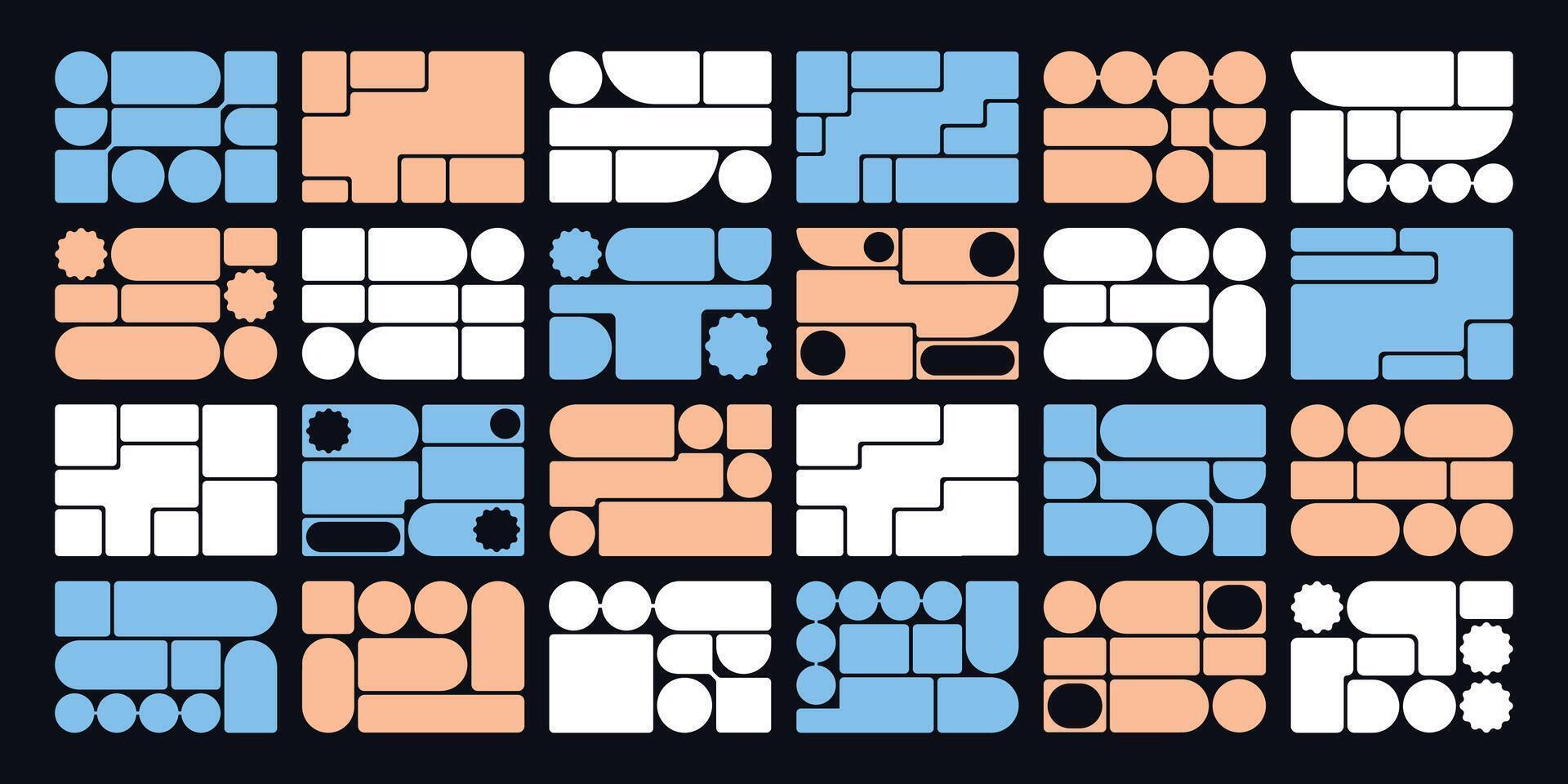 Creative bento grid layouts. Geometric shapes compositions, trendy UI frame template and modern card tiles. Brutal shape pattern and web comics grids set vector