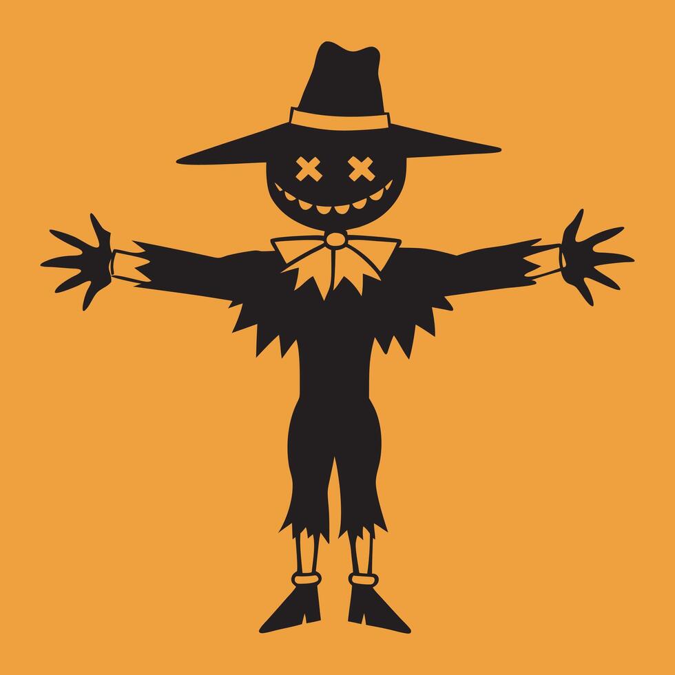 Scary Halloween Scarecrow Silhouette with Hat on Orange Background vector