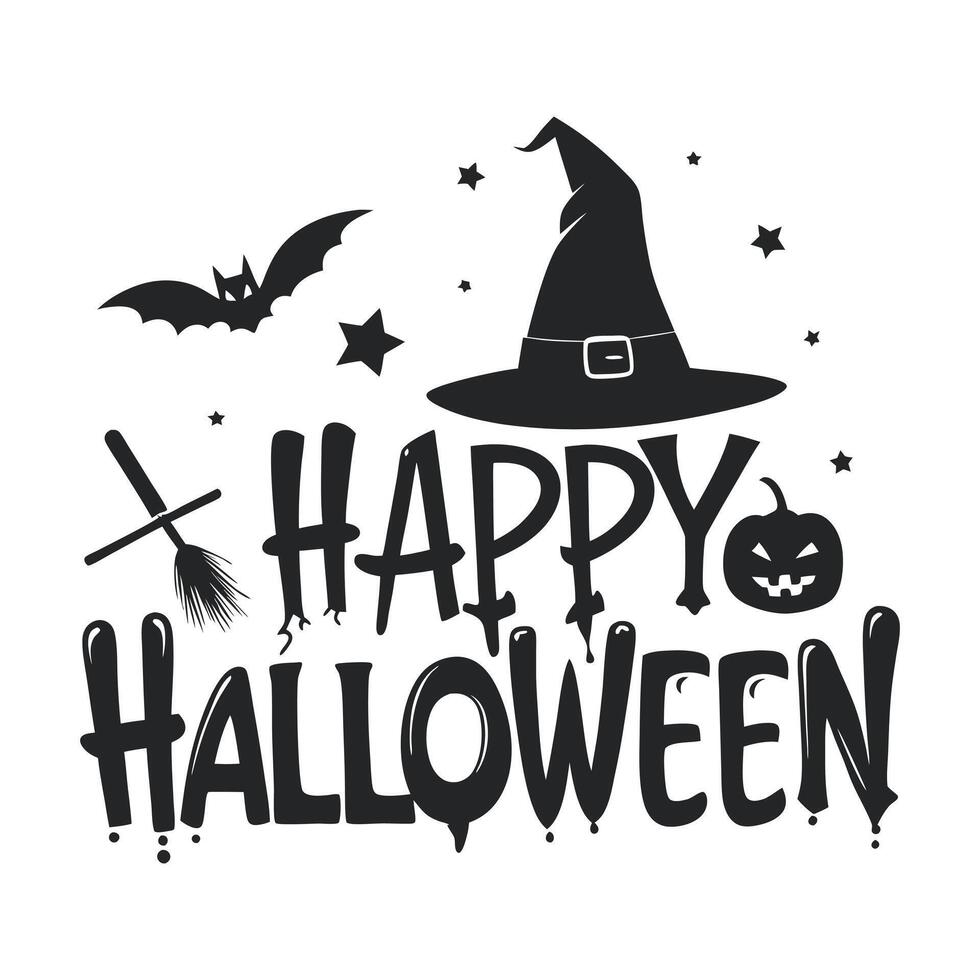 Happy Halloween Typography with Witch Hat and Flying Bat vector