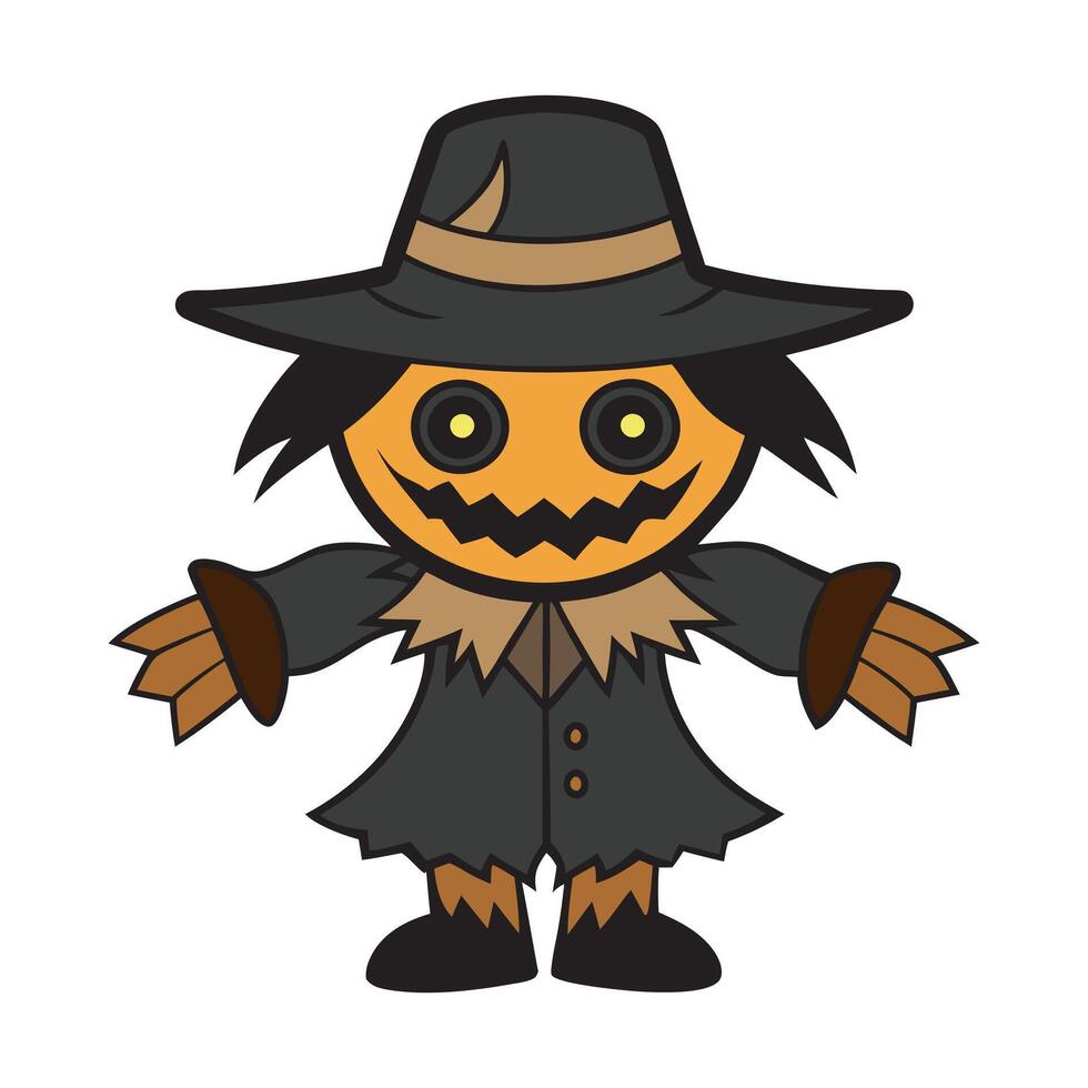 Halloween cartoon scarecrow with pumpkin face and witch hat vector