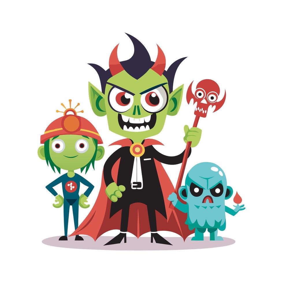 Halloween spooky monster group illustration with a green demon leader. vector