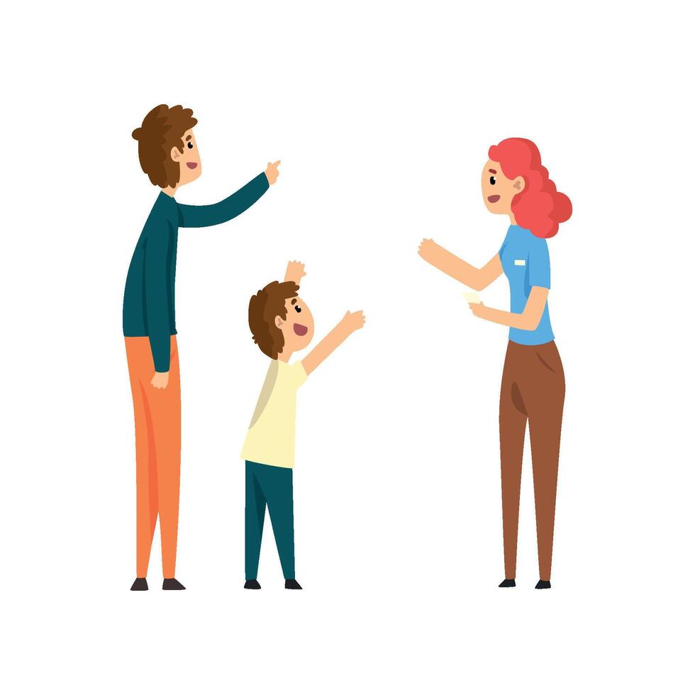 Happy family, parents and their son looking and pointing at something Illustration vector
