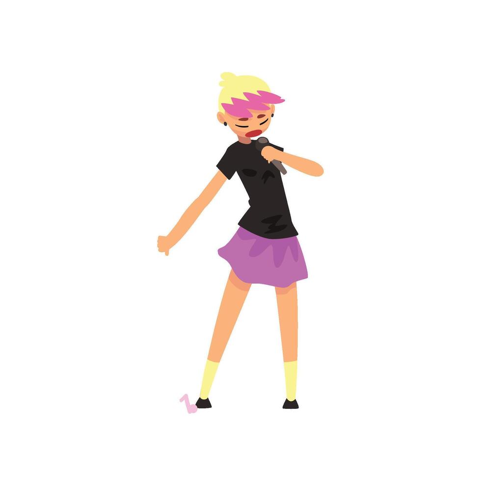 Blonde girl singing with microphone, pop singer Illustration vector