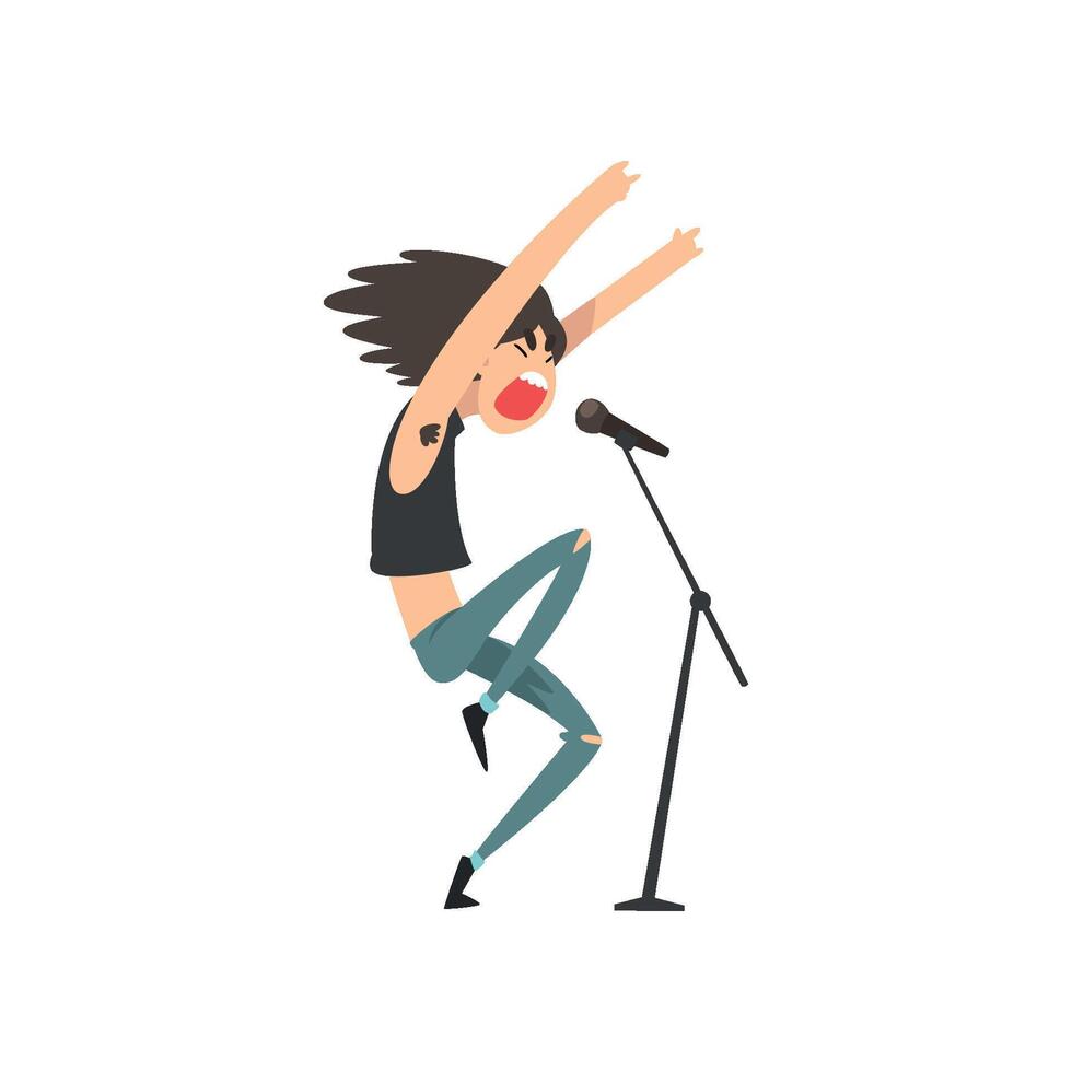 Rock musician, male singer singing into microphone Illustration vector
