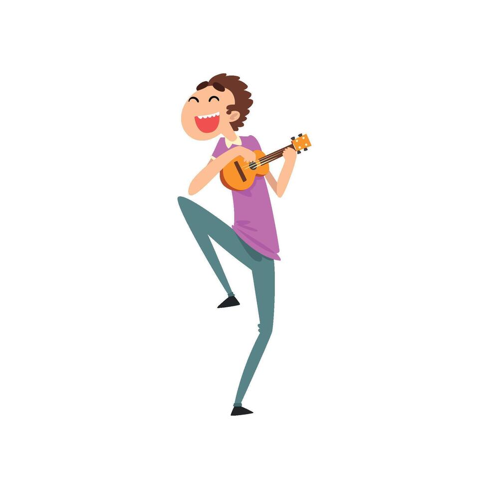 Funny man playing ukulele, smiling guy with small guitar Illustration vector